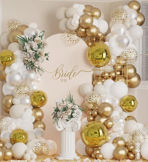 Bride to be celebration decoration with golden and white balloons at private theatre in Delhi