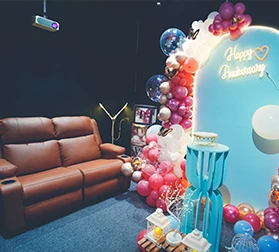 Anniversary celebration setup at MeetFlix private movie theatre Delhi