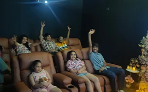 Kids enjoying birthday celebration at Meetflix private theatre in Delhi